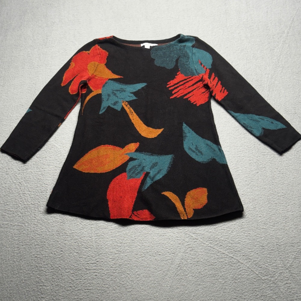 Chico's Abstract Floral Tunic Sweater Size 0 Small Black Long Sleeve A-Line Knit